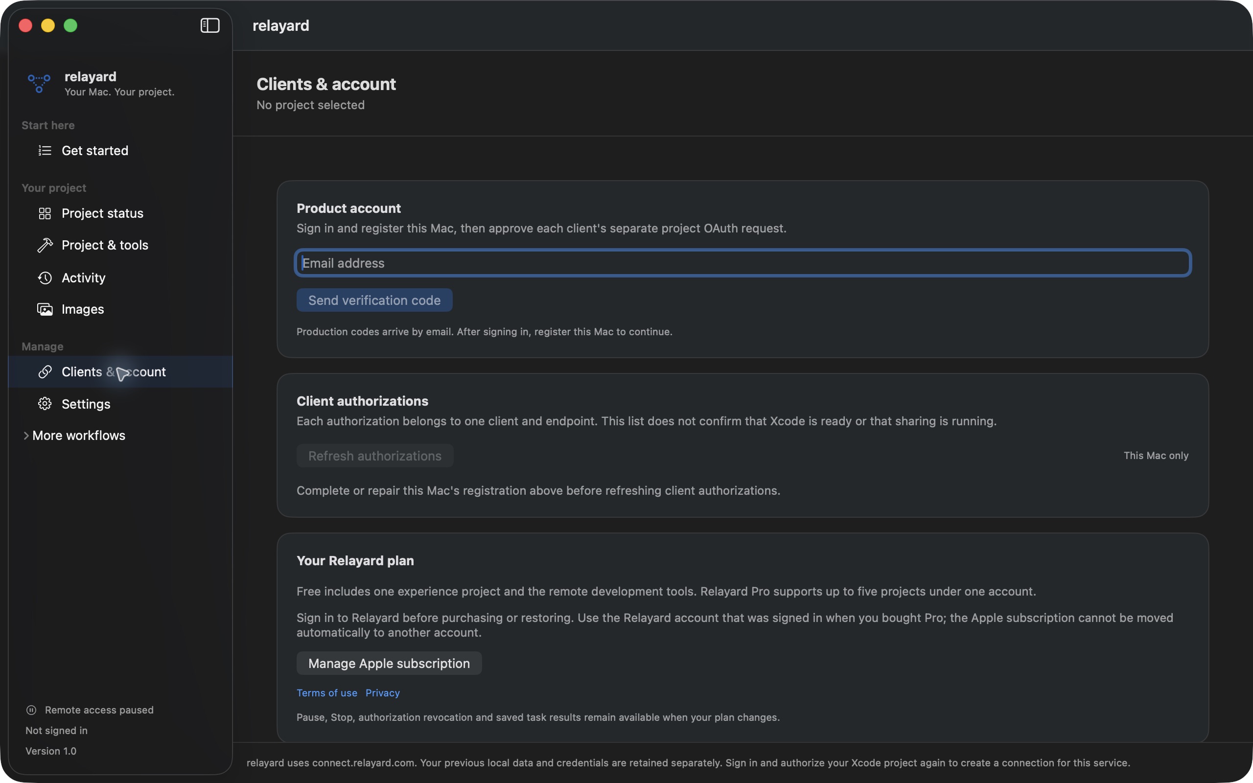 Clients & account · Account sign-in and client access are separate
