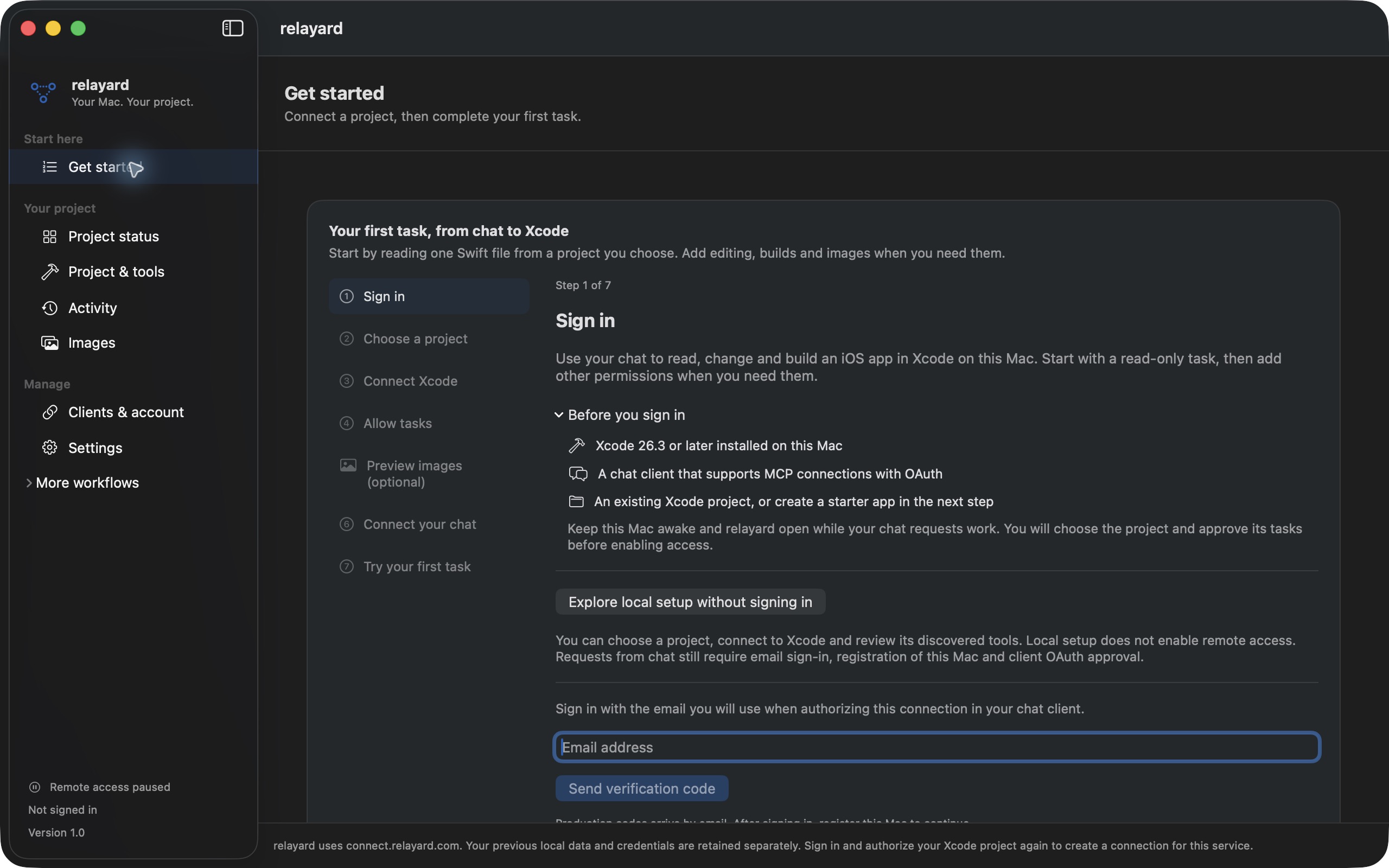 relayard 1.0 · Get started · Setup screen, signed out