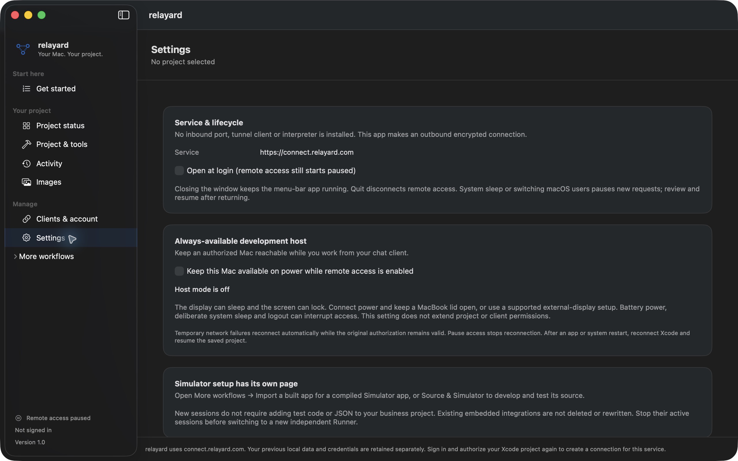 relayard 1.0 · Settings · Host mode is off