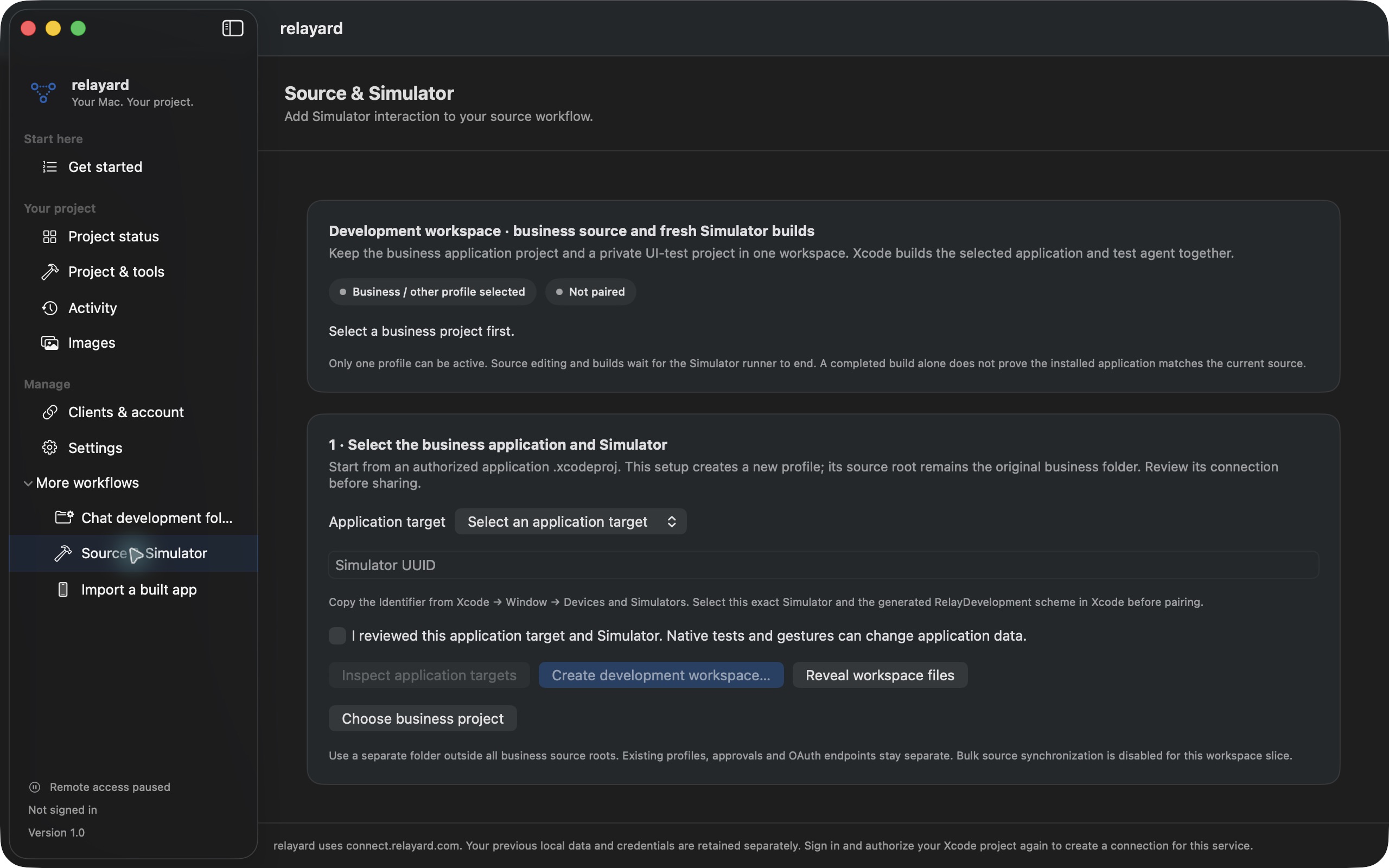 Source & Simulator · Actual setup screen before pairing